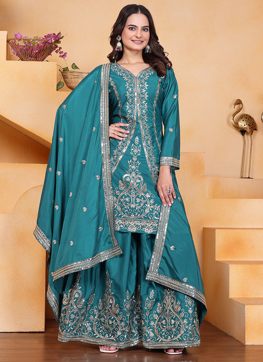 Crepe Teal Green Wedding Wear Embroidery Work Readymade Plazzo Suit 387670