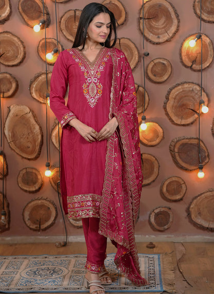 Chinon Rani Pink Festival Wear Embroidery Work Readymade Salwar Suit 386194
