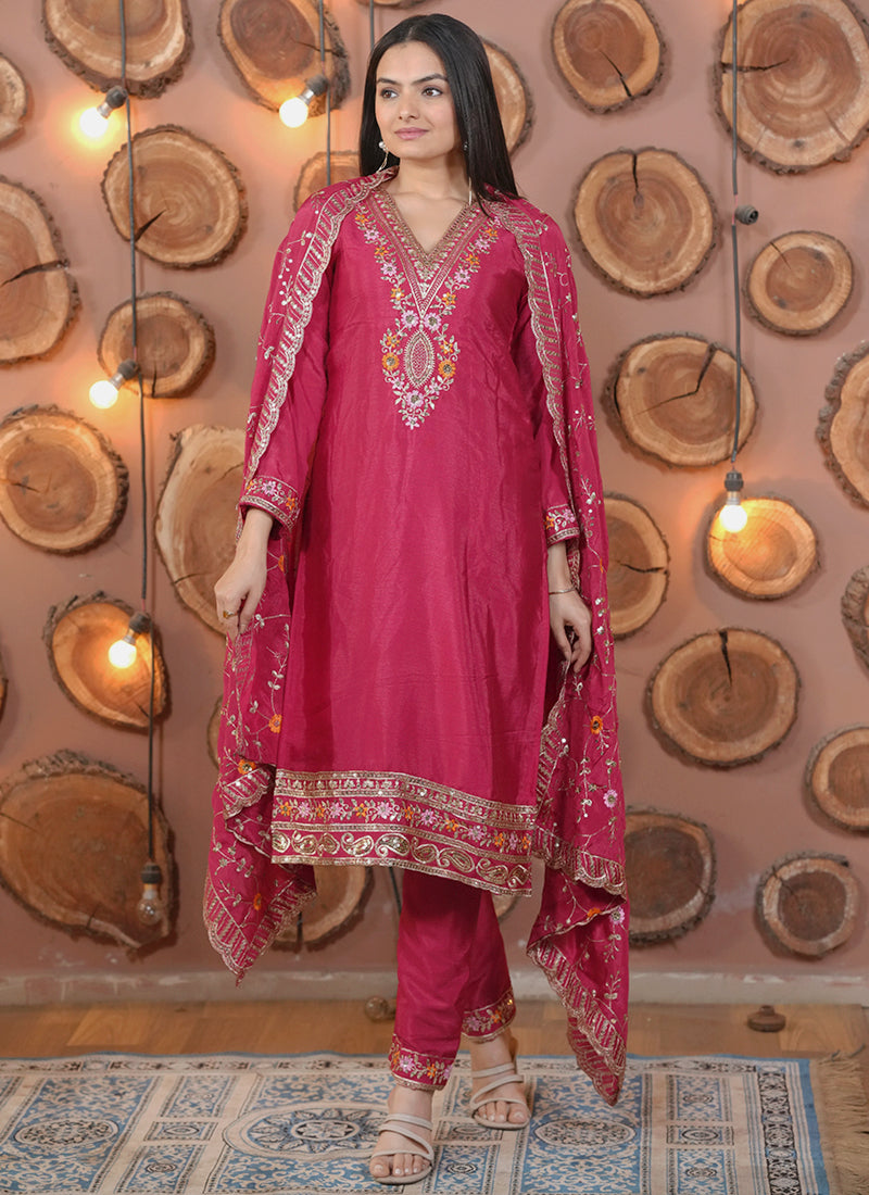Chinon Rani Pink Festival Wear Embroidery Work Readymade Salwar Suit 386194