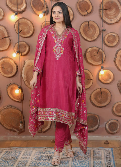 Chinon Rani Pink Festival Wear Embroidery Work Readymade Salwar Suit 386194