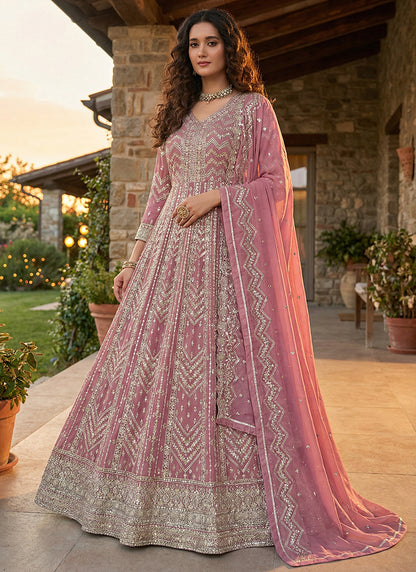 Pink Georgette Embroidery Work Occasional Wear Gown SW613829
