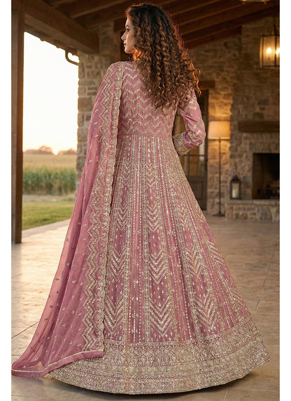 Pink Georgette Embroidery Work Occasional Wear Gown SW613829