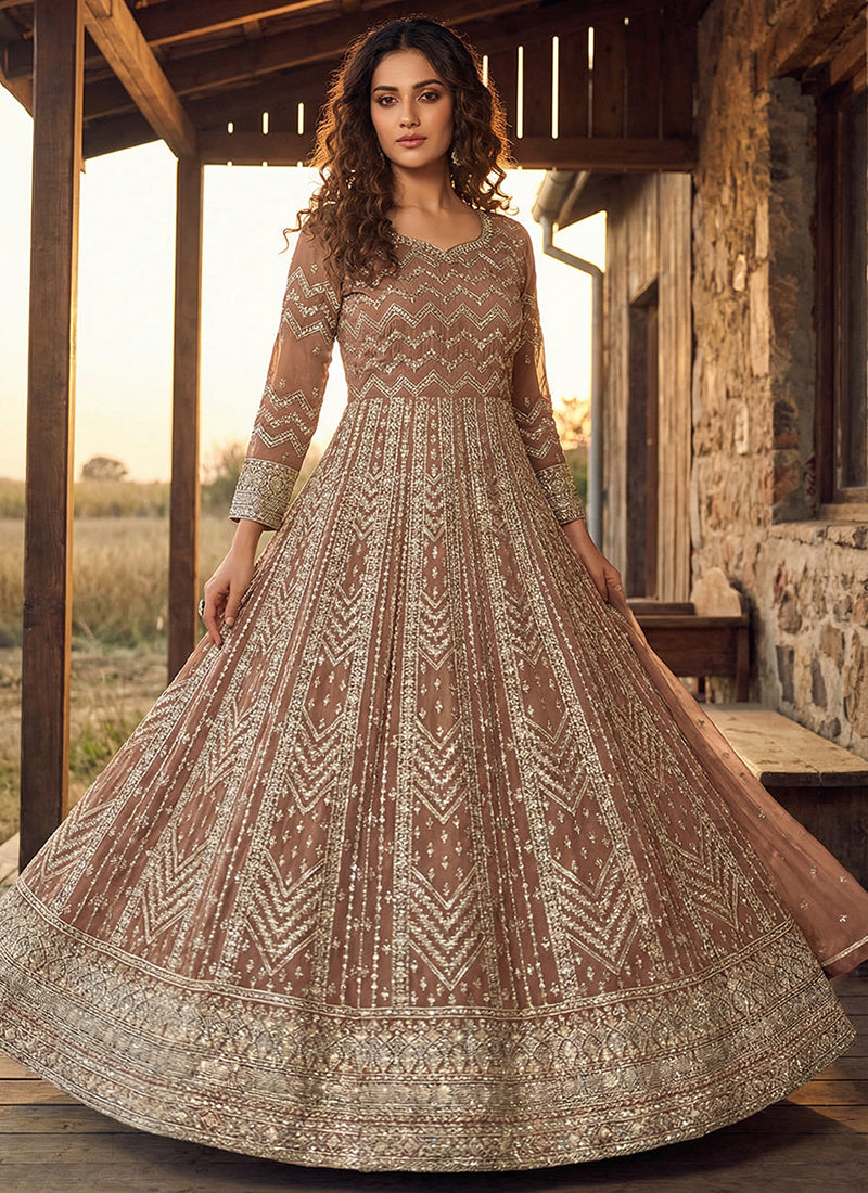 Brown Georgette Embroidery Work Occasional Wear Gown SW881918