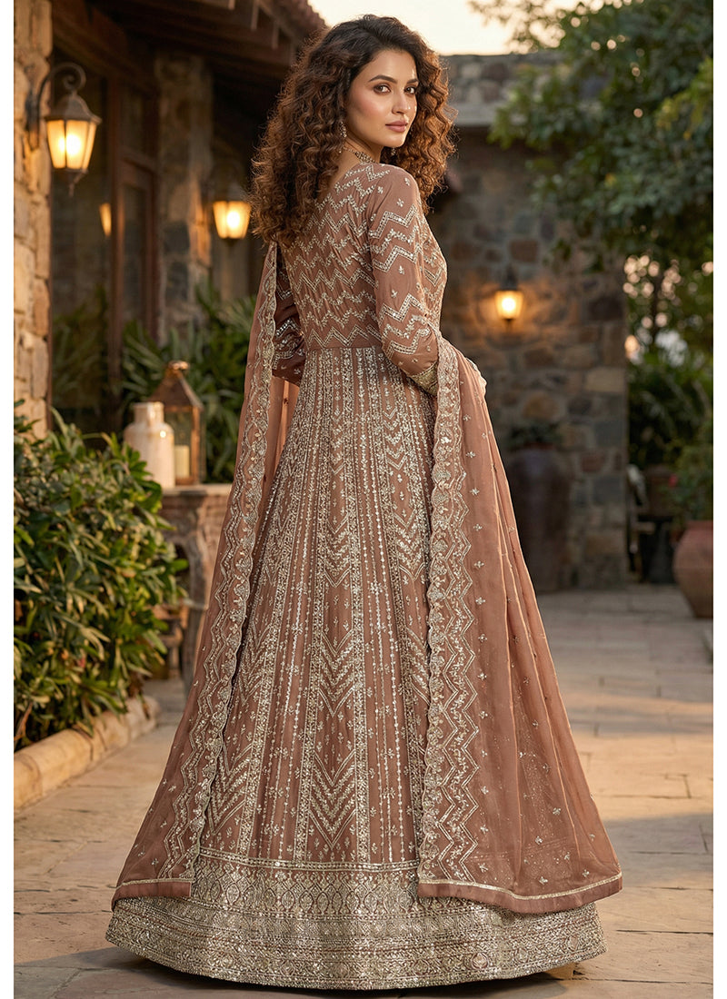 Brown Georgette Embroidery Work Occasional Wear Gown SW881918