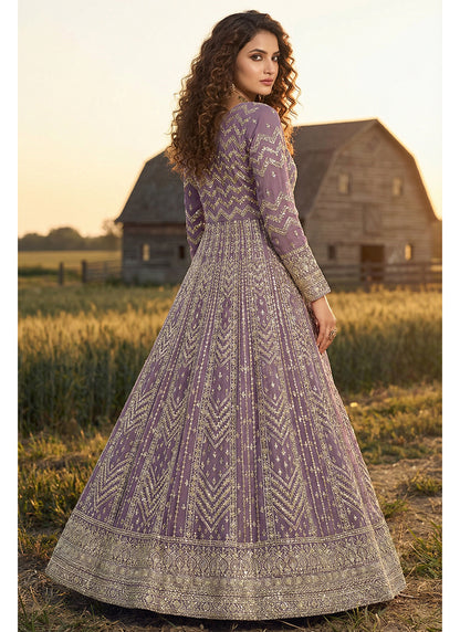 Purple Georgette Embroidery Work Occasional Wear Gown SW516014