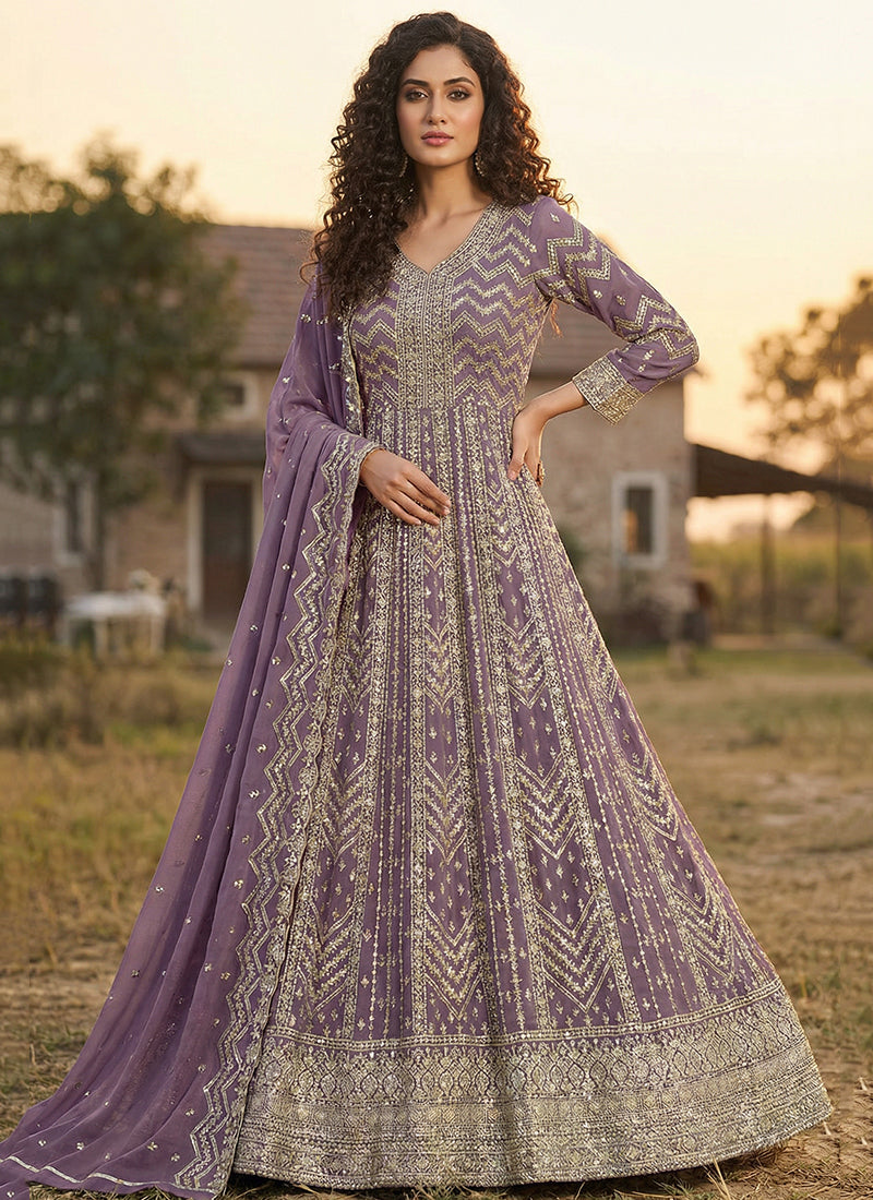 Purple Georgette Embroidery Work Occasional Wear Gown SW516014