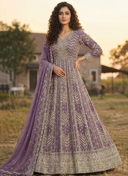 Purple Georgette Embroidery Work Occasional Wear Gown SW516014