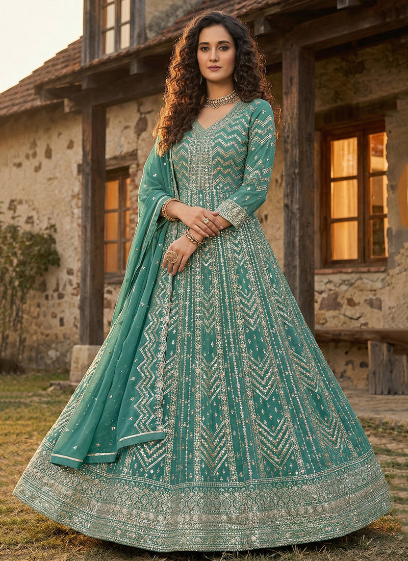 Green Georgette Embroidery Work Occasional Wear Gown SW397719