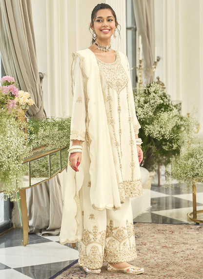 White Chinon Sequins Work  Party Wear Readymade Plazzo Suit SW710309