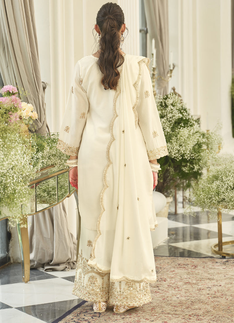 White Chinon Sequins Work  Party Wear Readymade Plazzo Suit SW710309