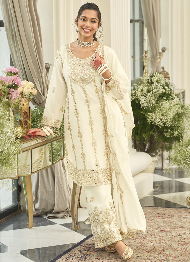 White Chinon Sequins Work  Party Wear Readymade Plazzo Suit SW710309