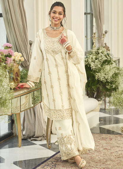 White Chinon Sequins Work  Party Wear Readymade Plazzo Suit SW710309