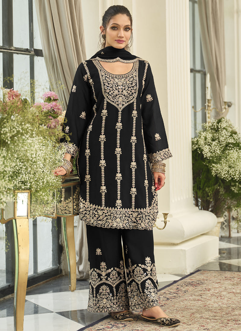 Black Chinon Sequins Work  Party Wear Readymade Plazzo Suit SW719168