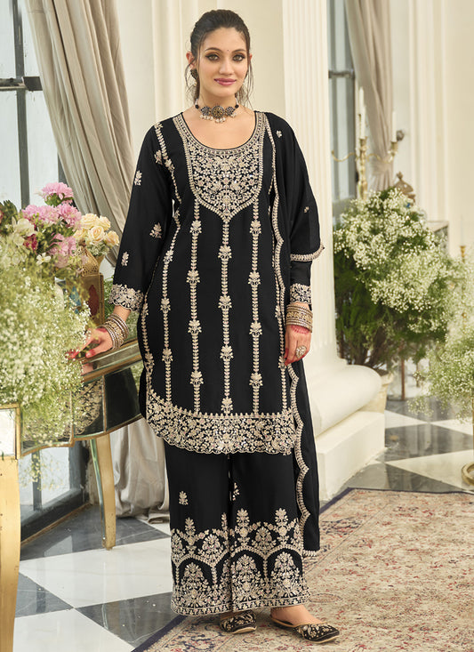 Black Chinon Sequins Work  Party Wear Readymade Plazzo Suit SW719168