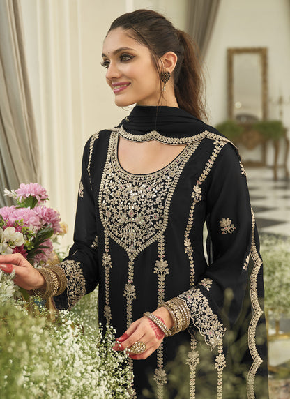 Black Chinon Sequins Work  Party Wear Readymade Plazzo Suit SW719168