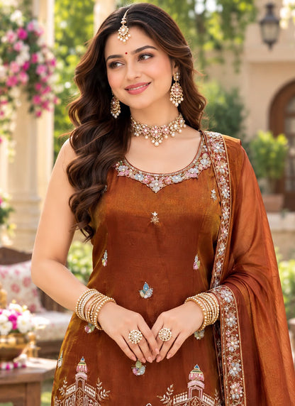 Rust Orange Tissue Silk   Embroidery Work Festival Wear Readymade Palazzo Suit SW125502
