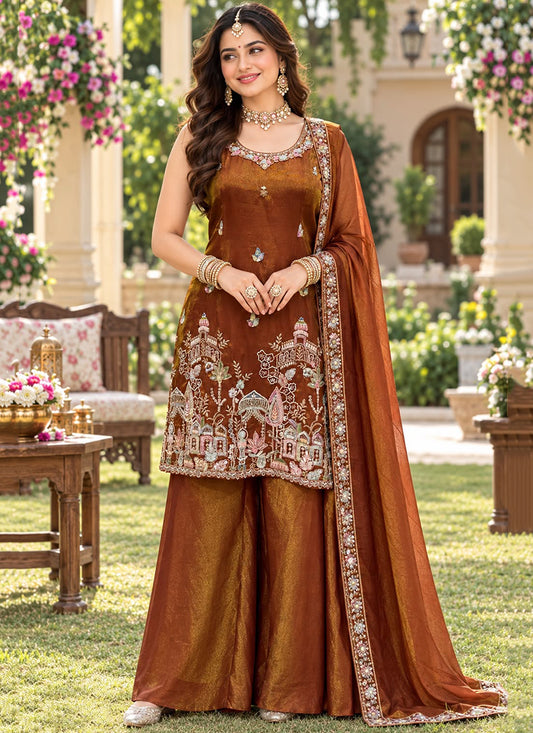 Rust Orange Tissue Silk   Embroidery Work Festival Wear Readymade Palazzo Suit SW125502