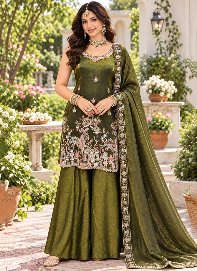 Olive Green Tissue Silk   Embroidery Work Festival Wear Readymade Palazzo Suit SW632684