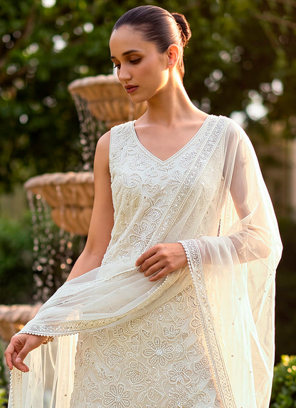 Off White Georgette Thread Work Wedding Wear Readymade Plazzo Suit SW406026