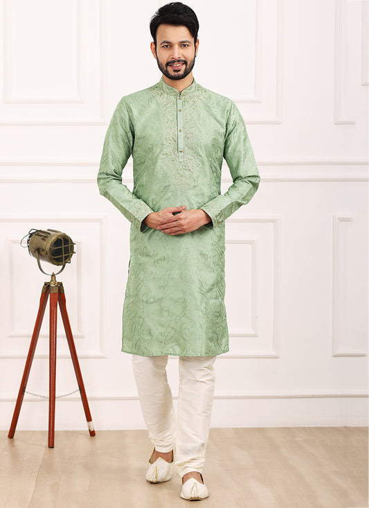 Green Art Banarasi Silk Festival Wear Thread Work Kurta Pajama 327705