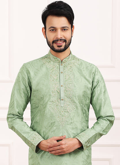Green Art Banarasi Silk Festival Wear Thread Work Kurta Pajama 327705
