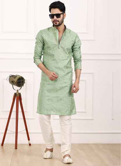 Green Art Banarasi Silk Festival Wear Thread Work Kurta Pajama 327705