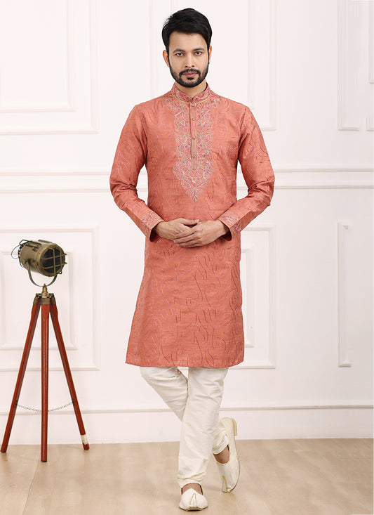Peach Art Banarasi Silk Festival Wear Thread Work Kurta Pajama 327706