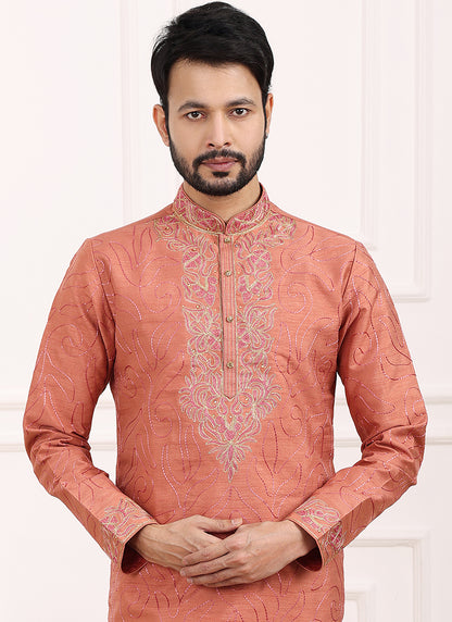 Peach Art Banarasi Silk Festival Wear Thread Work Kurta Pajama 327706