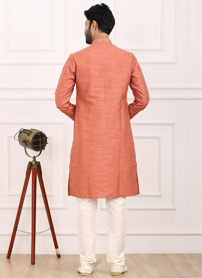 Peach Art Banarasi Silk Festival Wear Thread Work Kurta Pajama 327706