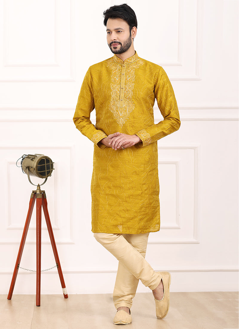 Mustard Art Banarasi Silk Festival Wear Thread Work Kurta Pajama 327707
