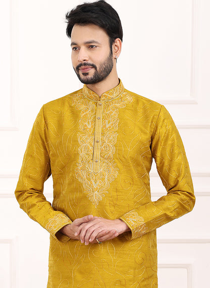 Mustard Art Banarasi Silk Festival Wear Thread Work Kurta Pajama 327707