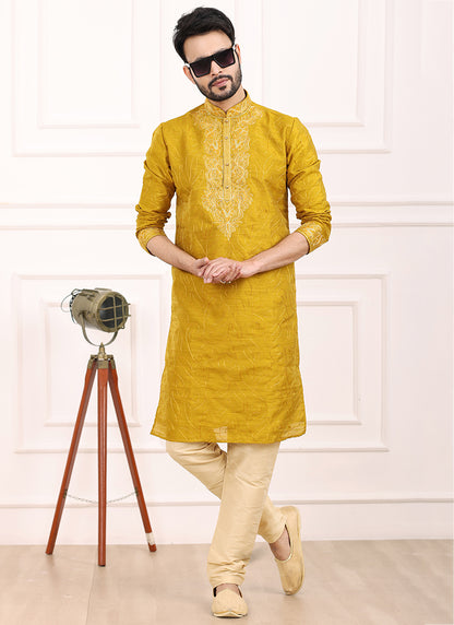 Mustard Art Banarasi Silk Festival Wear Thread Work Kurta Pajama 327707