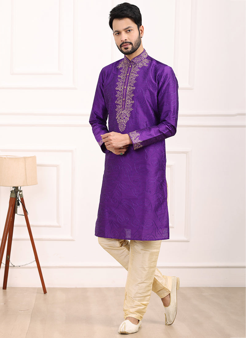 Magenta Art Banarasi Silk Festival Wear Thread Work Kurta Pajama 327708