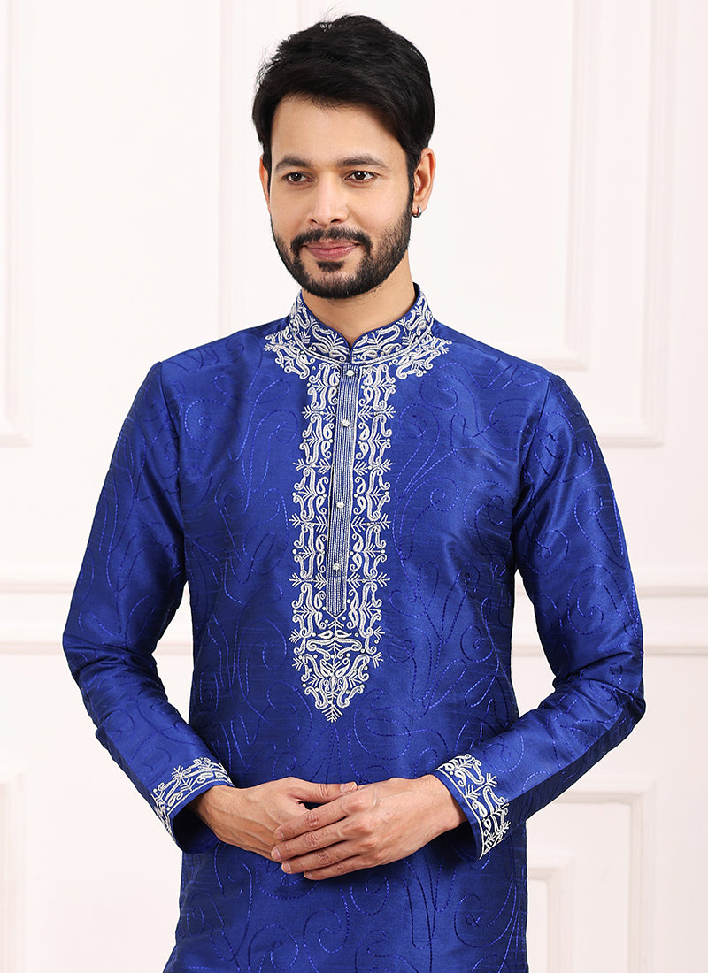 Blue Art Banarasi Silk Festival Wear Thread Work Kurta Pajama 327711