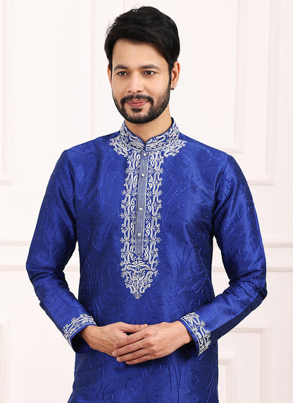 Blue Art Banarasi Silk Festival Wear Thread Work Kurta Pajama 327711