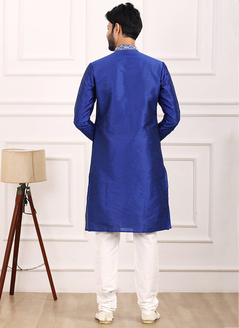 Blue Art Banarasi Silk Festival Wear Thread Work Kurta Pajama 327711