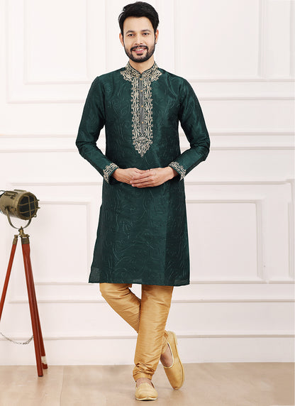 Green Art Banarasi Silk Festival Wear Thread Work Kurta Pajama 327712