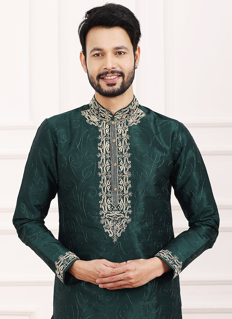 Green Art Banarasi Silk Festival Wear Thread Work Kurta Pajama 327712
