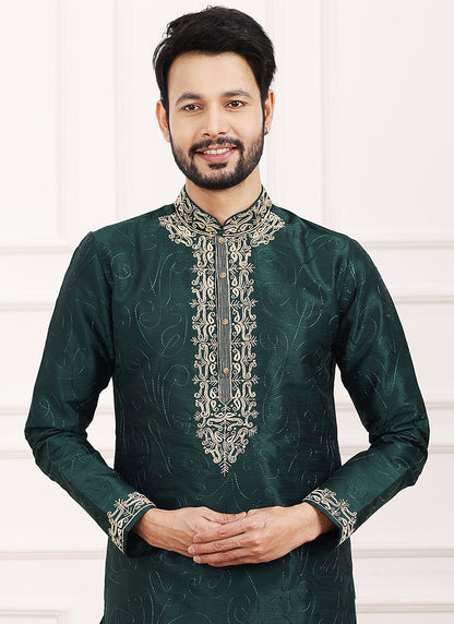 Green Art Banarasi Silk Festival Wear Thread Work Kurta Pajama 327712
