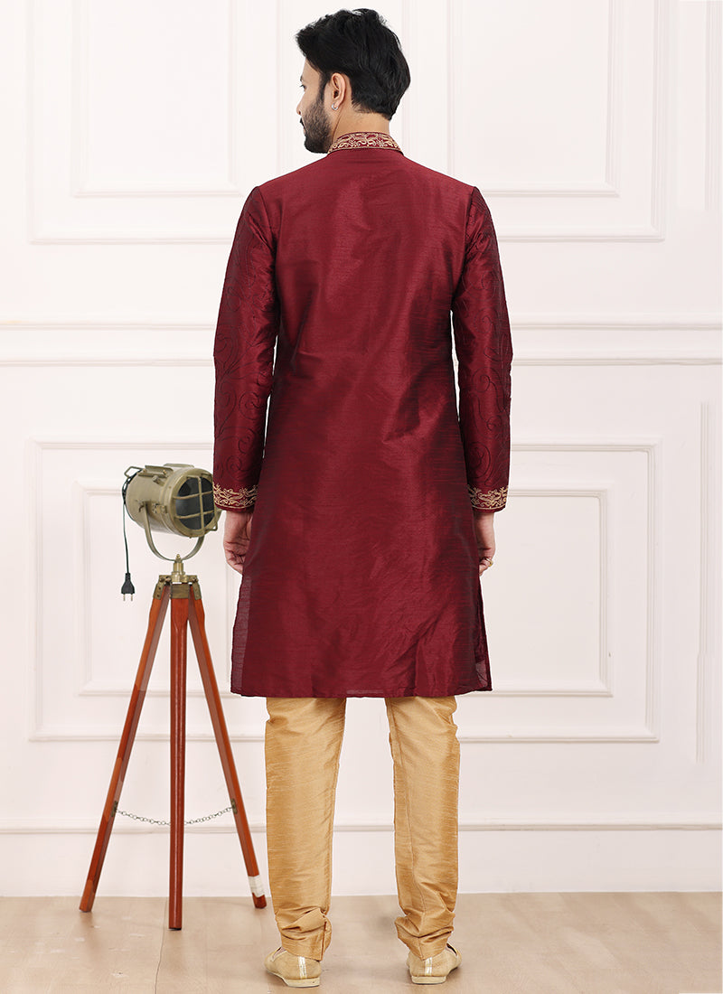 Wine Art Banarasi Silk Festival Wear Thread Work Kurta Pajama 327713