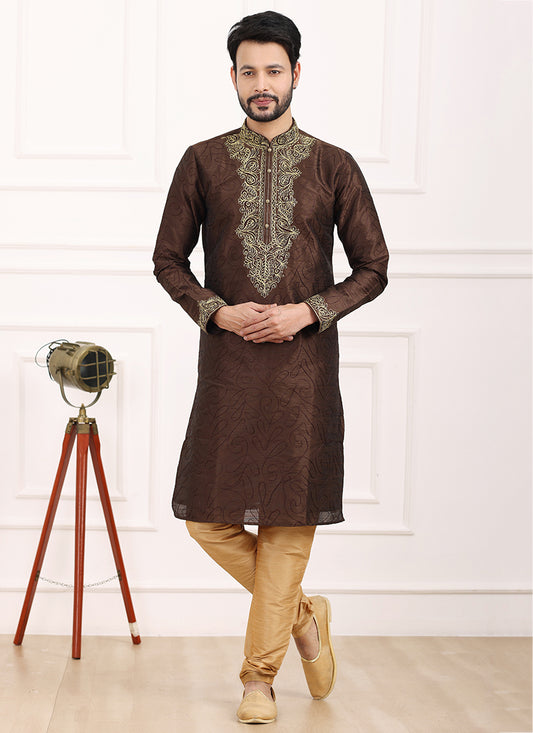 Brown Art Banarasi Silk Festival Wear Thread Work Kurta Pajama 327714