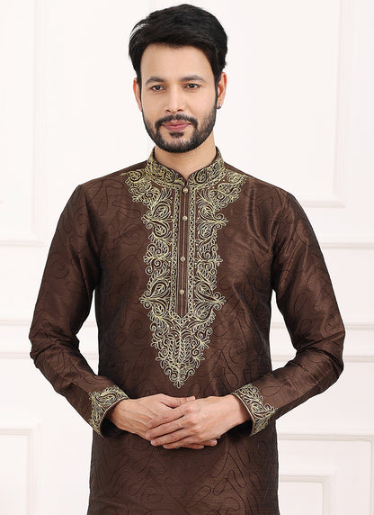 Brown Art Banarasi Silk Festival Wear Thread Work Kurta Pajama 327714