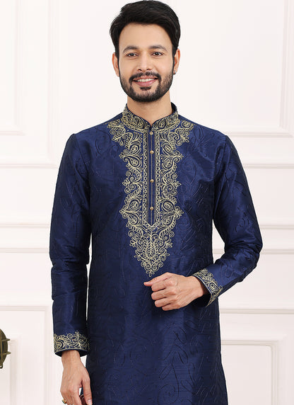 Blue Art Banarasi Silk Festival Wear Thread Work Kurta Pajama 327715