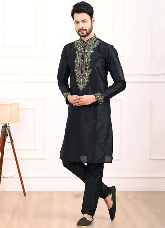 Black Art Banarasi Silk Festival Wear Thread Work Kurta Pajama 327716