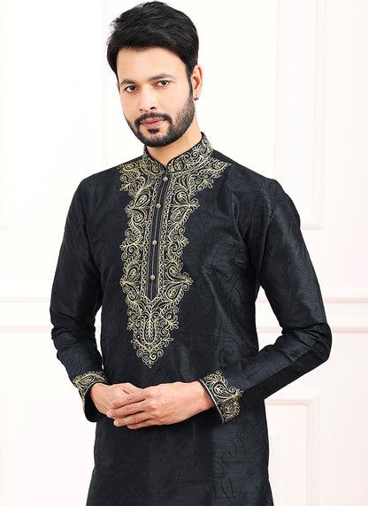 Black Art Banarasi Silk Festival Wear Thread Work Kurta Pajama 327716