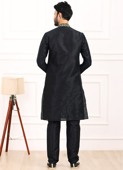 Black Art Banarasi Silk Festival Wear Thread Work Kurta Pajama 327716