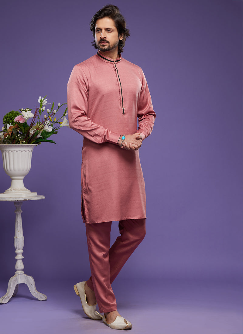 Pink Art Banarasi Silk Tradional Wear Thread Work Kurta Pajama 325878