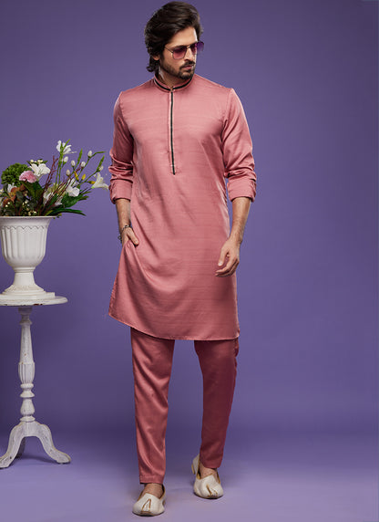 Pink Art Banarasi Silk Tradional Wear Thread Work Kurta Pajama 325878