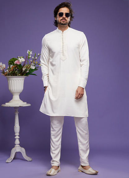 Cream Art Banarasi Silk Tradional Wear Thread Work Kurta Pajama 325879