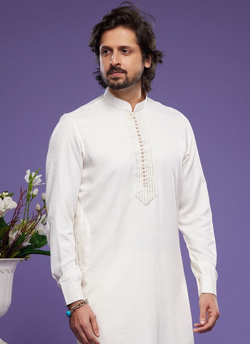 Cream Art Banarasi Silk Tradional Wear Thread Work Kurta Pajama 325879